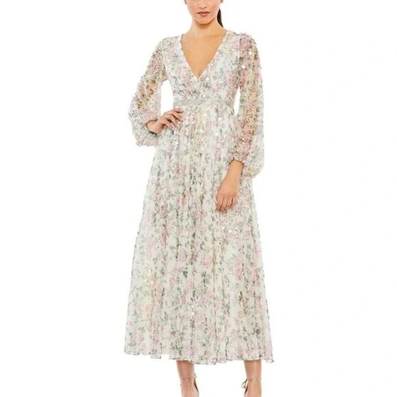 Mac‎ Duggal 93788 Size 14 Pink Green White Floral Print Sequin V Neck Midi Dress - Picture 3 of 4